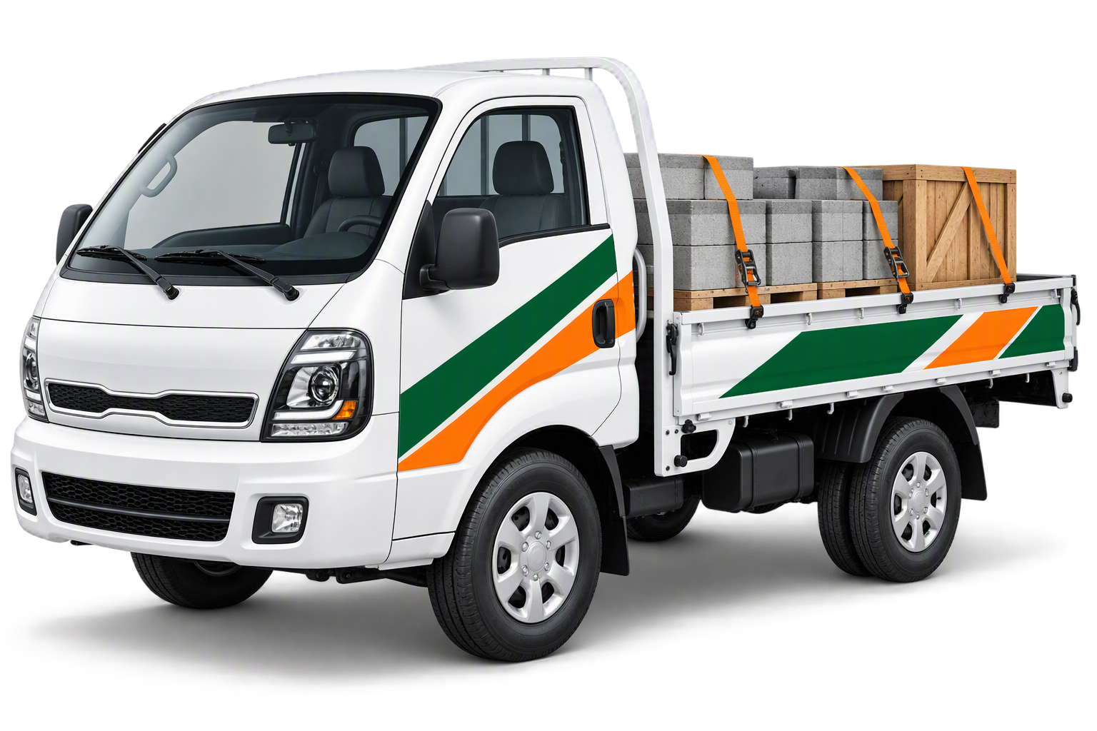 MOE GO Kia Bongo flatbed truck loaded with concrete blocks and a crate